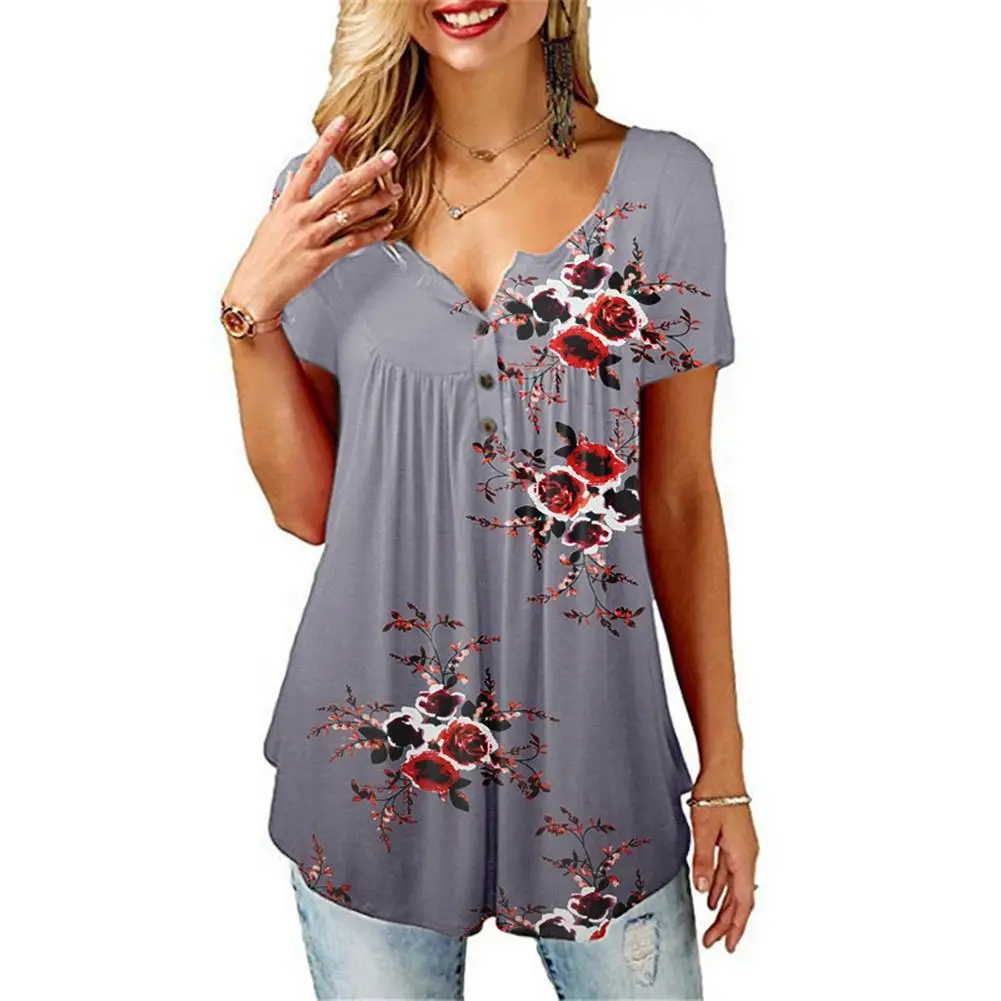 

Summer Women Flower Print Button V Neck Short Sleeve T-Shirt Pleated Loose Top