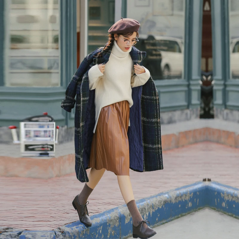 Manteau 2020 осенне зимнее длинное шерстяное пальто в клетку женское винтажное