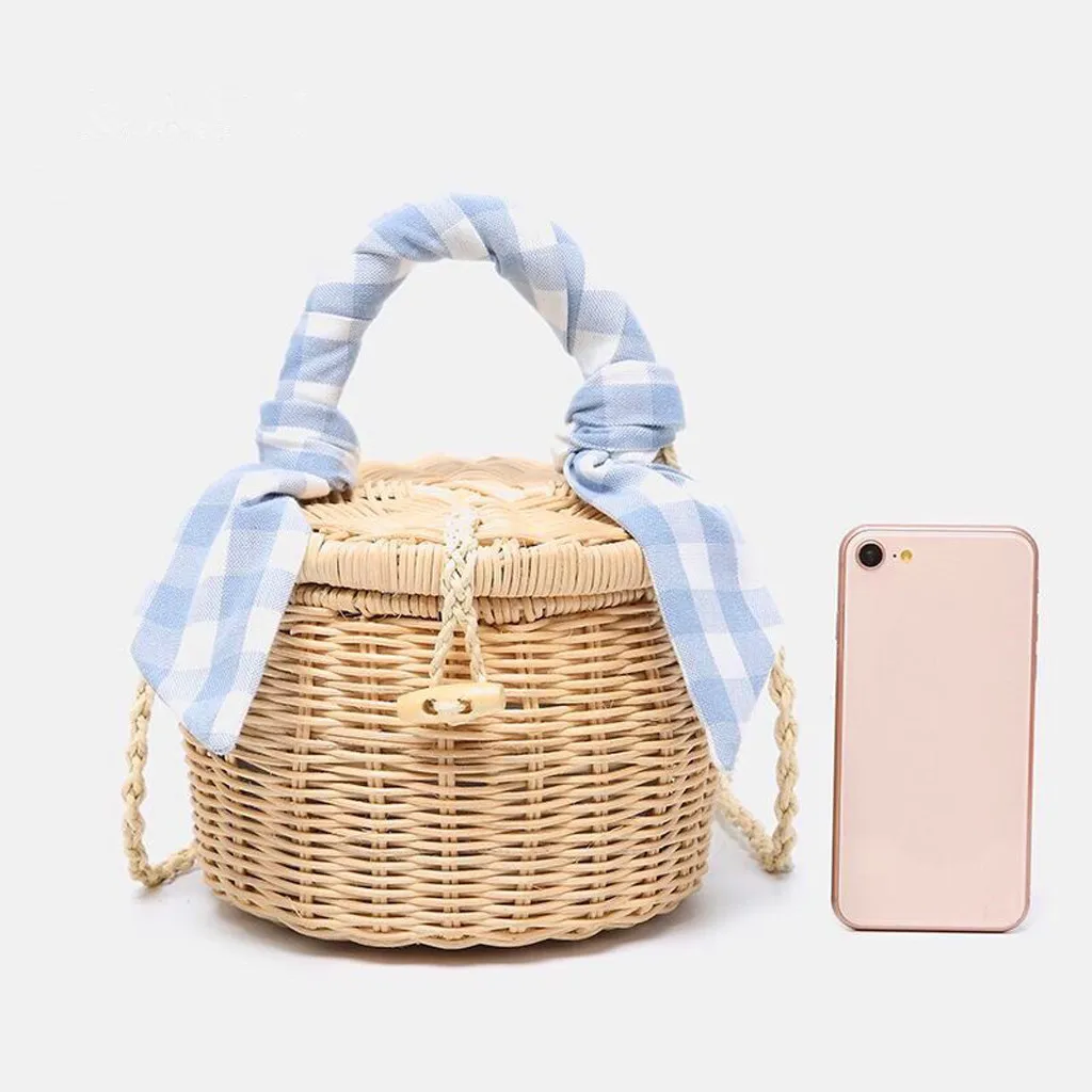 

OCARDIAN Handbag Women Hand-Woven Straw Lattice Bucket Bag Travel retro plaid strap woven bucket bag Tote Bags Bolsas Femininas