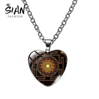 sian sri yantra pattern heart necklace mandala flower sacred geometry chakra glass pendant choker gift for women amulet jewelry
