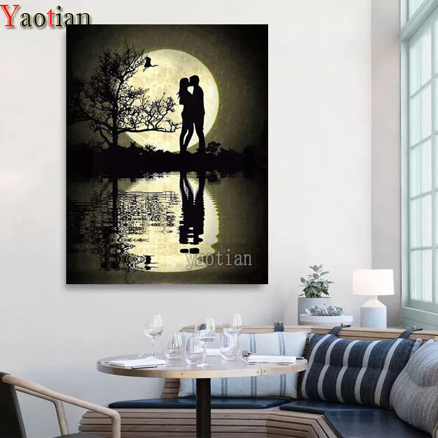 

Алмазная 5d-мозаика для пар, картина из квадратных страз с изображением озера, дерева, Луны, пейзажа, вышивка крестиком, украшение для вышивки