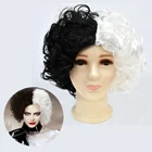 Парик Cruella для девочек, модный наряд для косплея, с короткими вьющимися волосами, с рисунком из фильма Deville De Vil, для Хэллоуина, вечевечерние НКИ