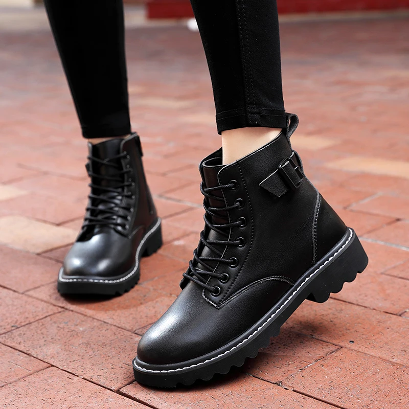 

Women's Winter Warm Boots Flat Short Ankle Boots Fashion Black Zipper Shoes Female Motorcycle Boots Autumn Platform Boots 2020