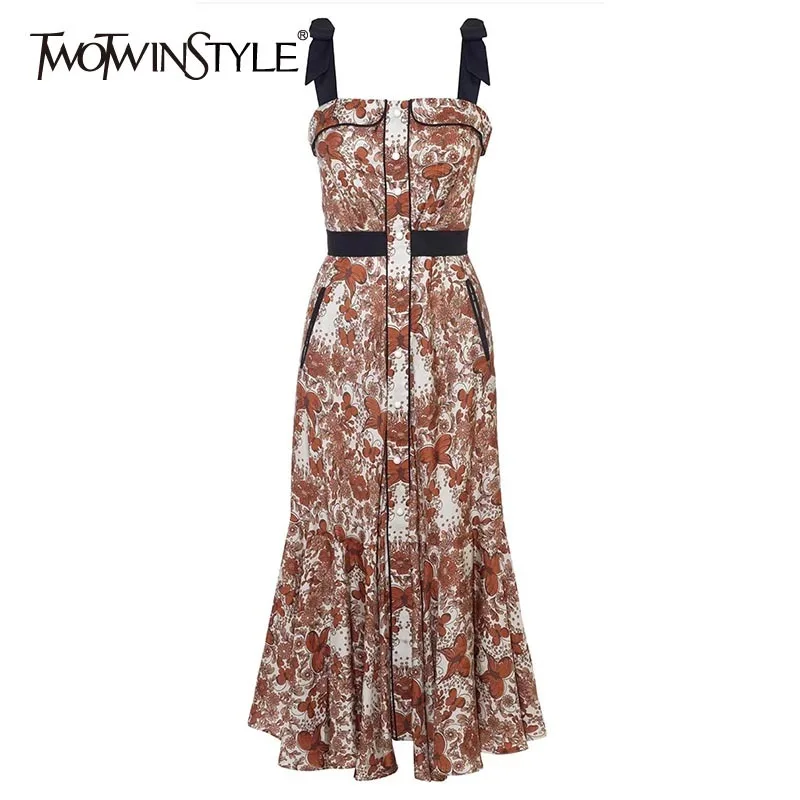 

TWOTWINSTYLE Vintage Print Sling Dress For Women Square Collar Sleeveless High Waist Lace Up Bowknot Midi Dresses Female Fashion