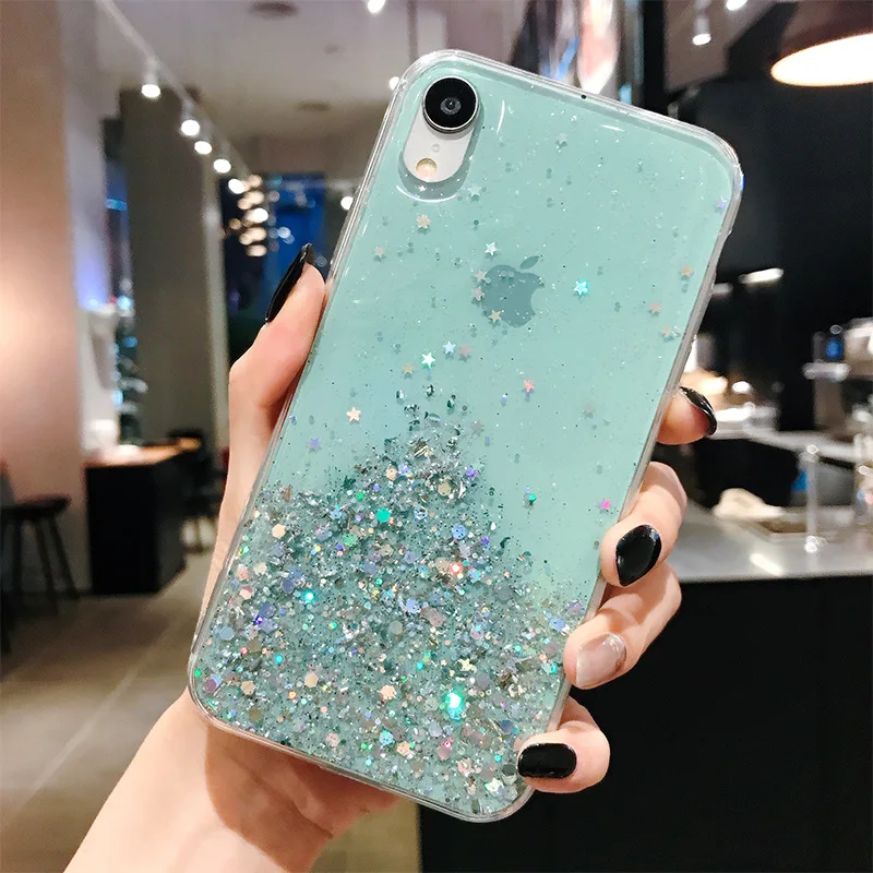Блестящий чехол с блестками для Iphone 13 12 Mini 11 Pro XS MAX X XR прозрачный со звездой iphone SE 8