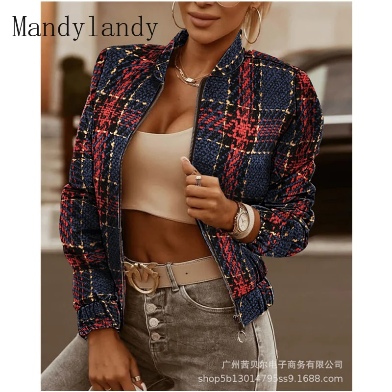 

Mandylandy Autumn and Winter Fashion Women's Letter Plaid Camouflage Print Jacket Casual Zipper Short Pocket Coat Outwear