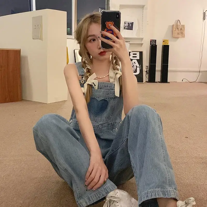 Women Denim Jumpsuits Sweet Vintage Spliced Japan Style Kawaii Streetwear Overalls Fashionable Loose Leisure Harajuku Students |