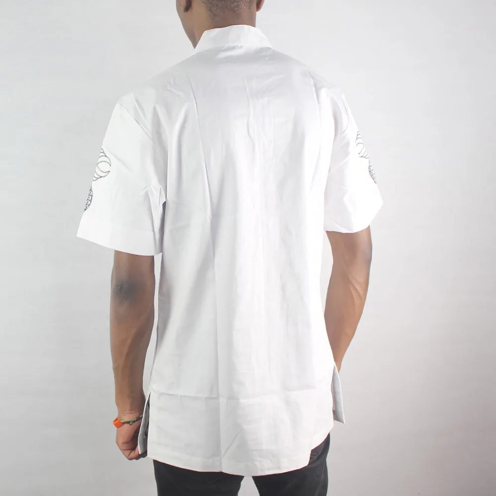 White Lucky Embroidery Men`s Ethnic Tops Collar Short Sleeved Muslim Shirts for Male Summer Wearing Футболка мужская