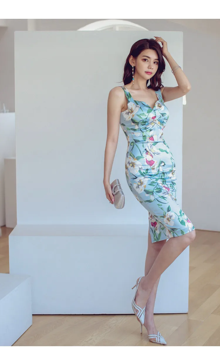 

2020 Summer Sexy Square Collar Print Tank Dress Women Flower Floral Sheath Dresses Sleeveless Pencil Bdycon Vestidos