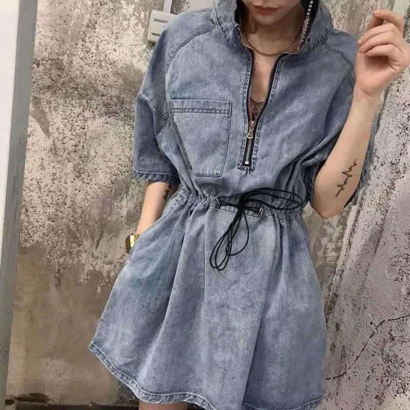 

Women Short Sleeve Sexy Deep V Shirt Blue Denim Dress Lady Mini Beach Dress New High Waist Elegant Sexy Casual Dress Female