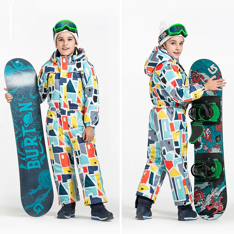 Детский цельный лыжный костюм детский с рисунком ветрозащитный