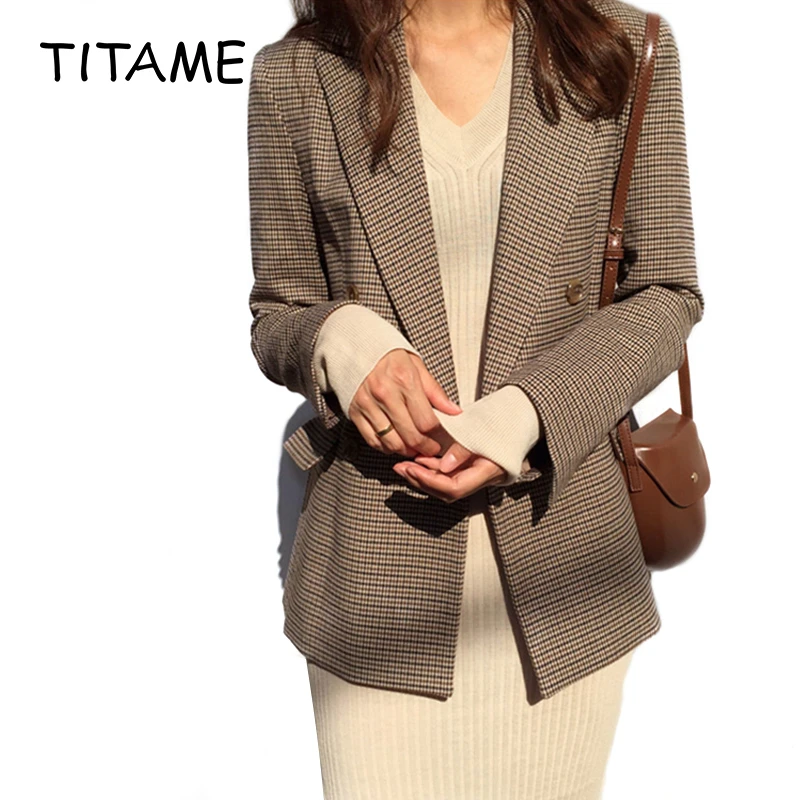 TITAME Для женщин Винтаж куртка двубортный Женские офисные клетчатый блейзер с