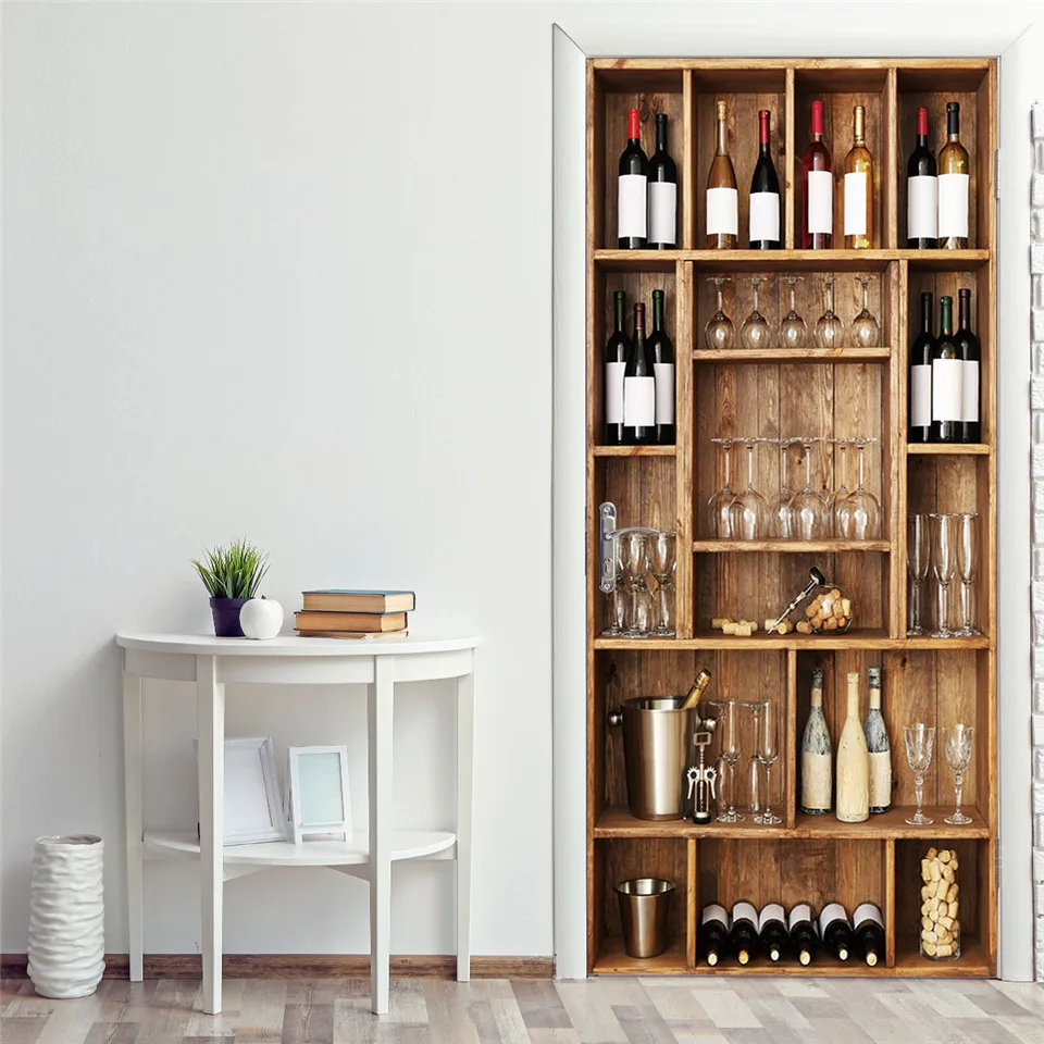 Papel tapiz para puerta de estanter&iacute;a de vino con patr&oacute;n 3D, murales para sala de estar, cocina, Pegatina autoadhesiva para puerta, calcoman&iacute;a de papel tapiz extra&iacute;ble, dise&ntilde;o del hogar-3