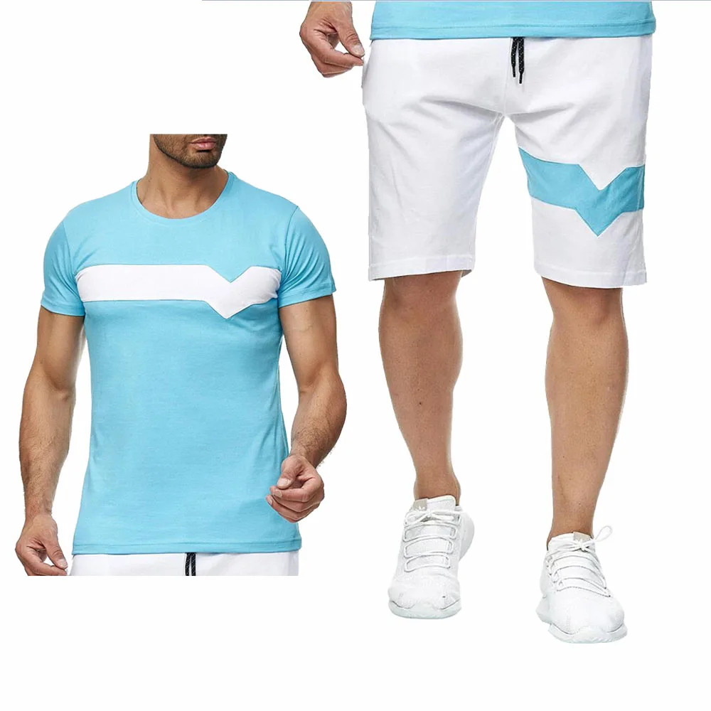 

Fashion Summer new Mens T-Shirt blank high quality Cotton casual trend Splicing Men's short sleeve + shorts 2-piece set