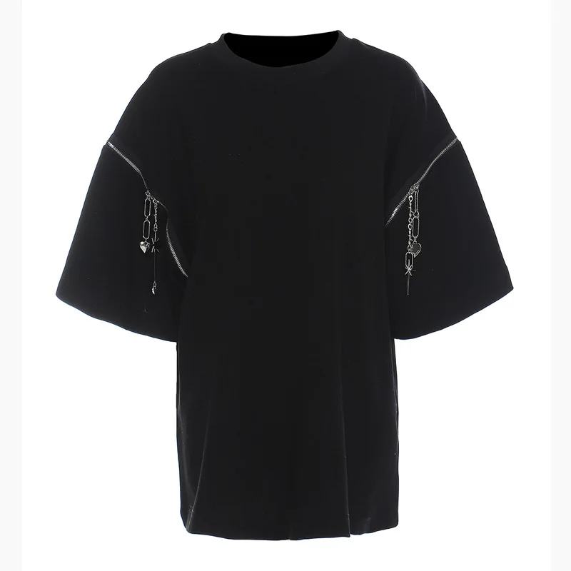

SuperAen Women 2021 Spring Summer Zipper Chain Decorative Short Sleeve Black T-Shirt Women's Top