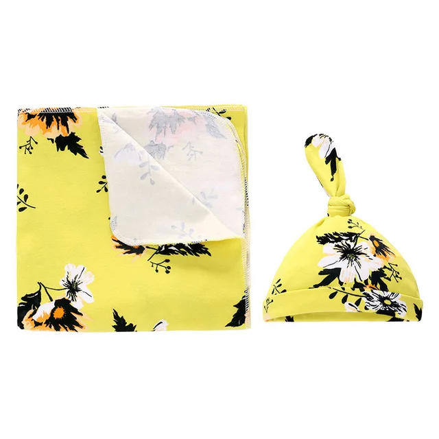 Yellow flower Комплект из 2 предметов, хлопковое детское одеяло для пеленания+ шапка, одеяло для новорожденных, осенний спальный мешок для малышей, банное полотенце, размер 90*90 см - Цвет: Yellow flower