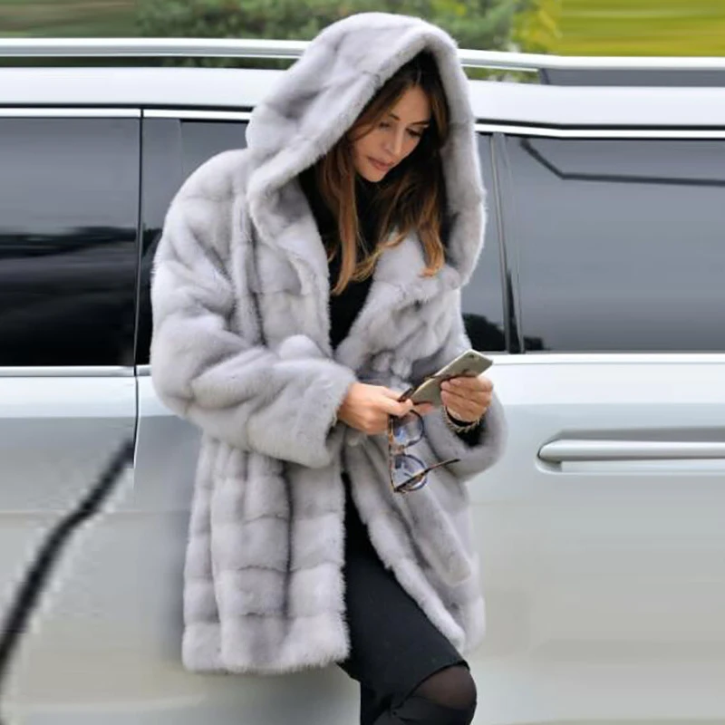 Women Winter Fashion Natural Mink Fur Coat With Hood Thick Warm Pelt Real Mink Fur Jacket With Belt Luxury Fur Coats Outwear