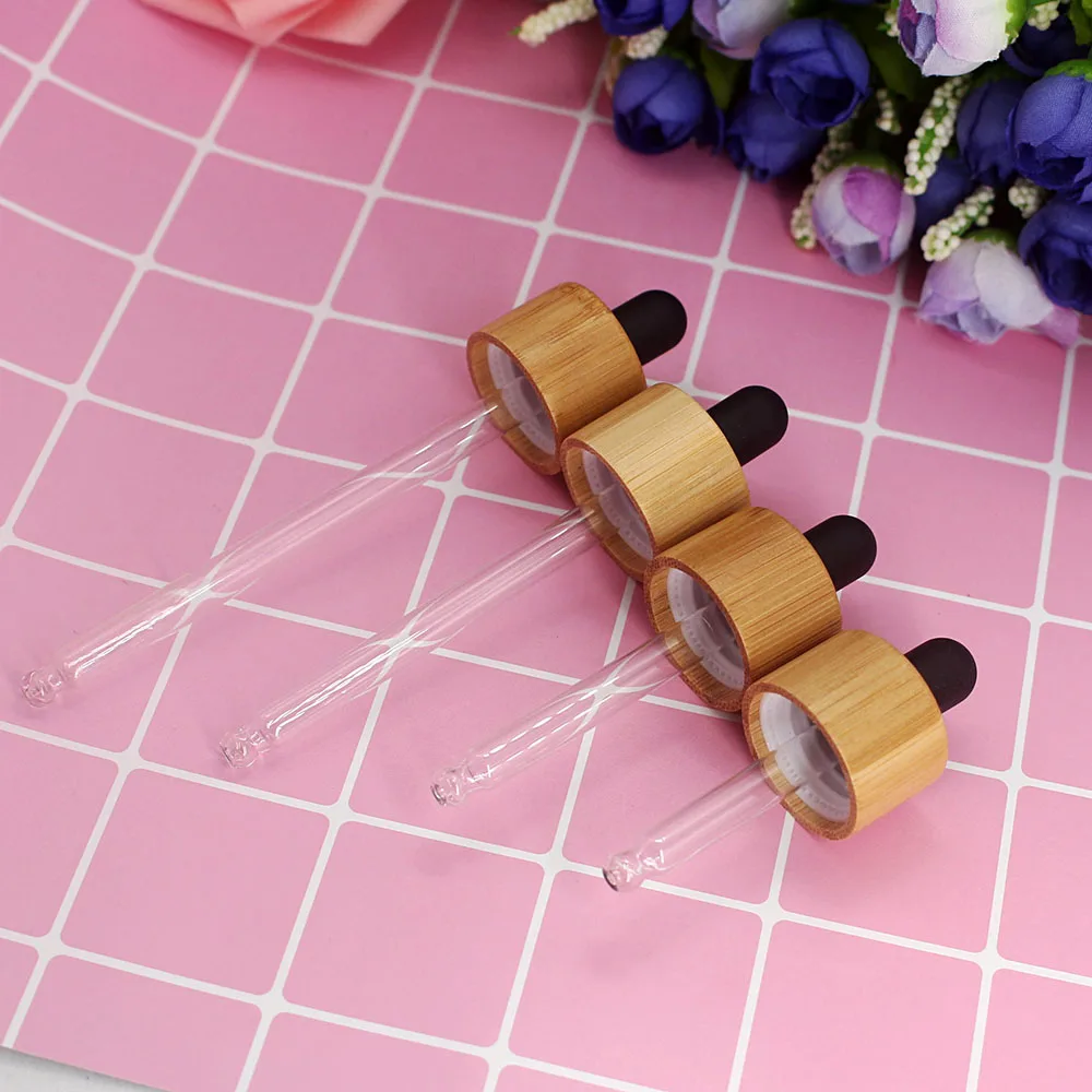 

100PCS 20/410 Eco Friendly Dropper Bamboo Cap Cosmetic Glass Bottle Pipette Cover With Matte Black White Silicone Lid