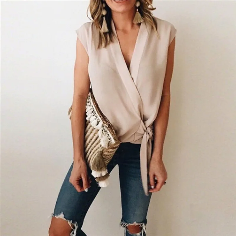Женская шифоновая блузка без рукавов Повседневная Свободная Однотонная рубашка