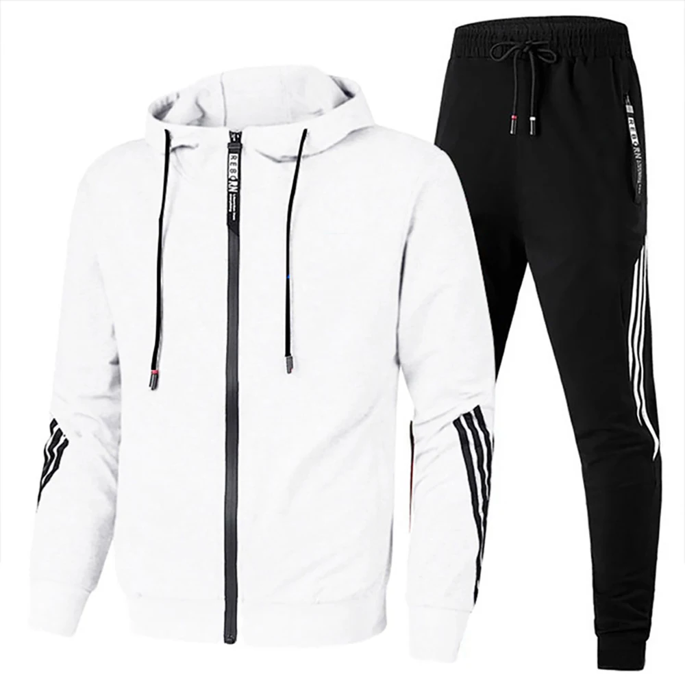 

New Casual Men's Hooded Suit Running Sportswear 2 Piece Set Zipper Hoodie + Sweatpants Jogging Male Tracksuit Gym Clothing