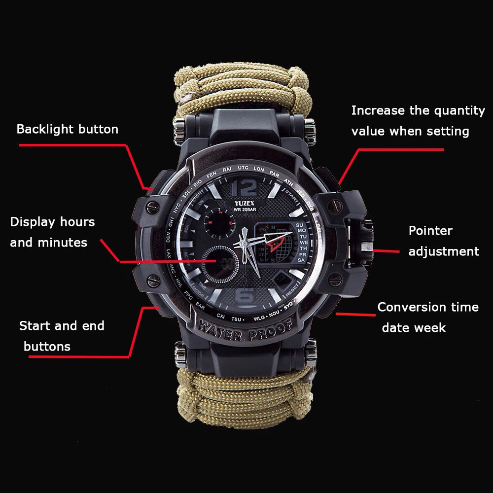 На открытом воздухе Выживание часы Многофункциональный Водонепроницаемый