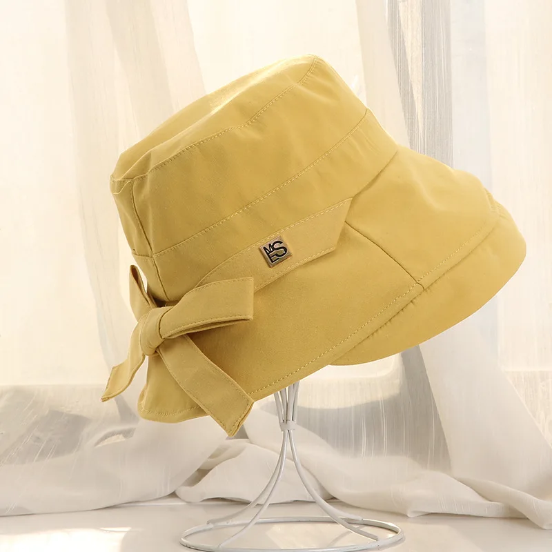 Yellow Желтая Женская Рыбацкая шляпа с бантиком, зимняя Весенняя хлопковая льняная шляпа-ведро, складные шляпы с большими полями, Женский уличный солнцезащитный козырек, дешево - Цвет: Yellow