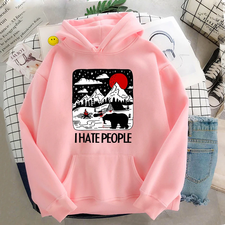 

I Hate People Camping Bear Funny Kawaii Women's Hoodie Kawaii couple Street Sweatshirt in autumn and winter Harajuku Clothes Top