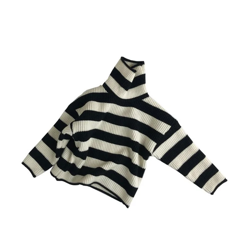 Su&eacute;ter cl&aacute;sico a rayas blancas y negras para ni&ntilde;os, jersey de cuello alto, c&aacute;lido, Tops de invierno y primavera, 9604D-4
