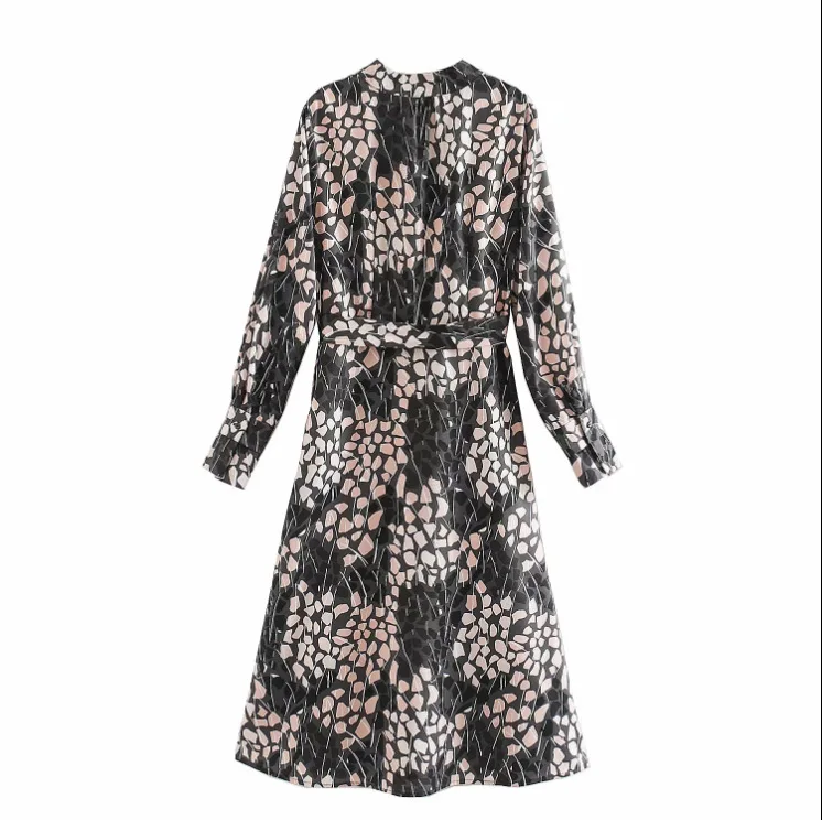 Женское шикарное платье миди с v образным вырезом и длинным рукавом поясом