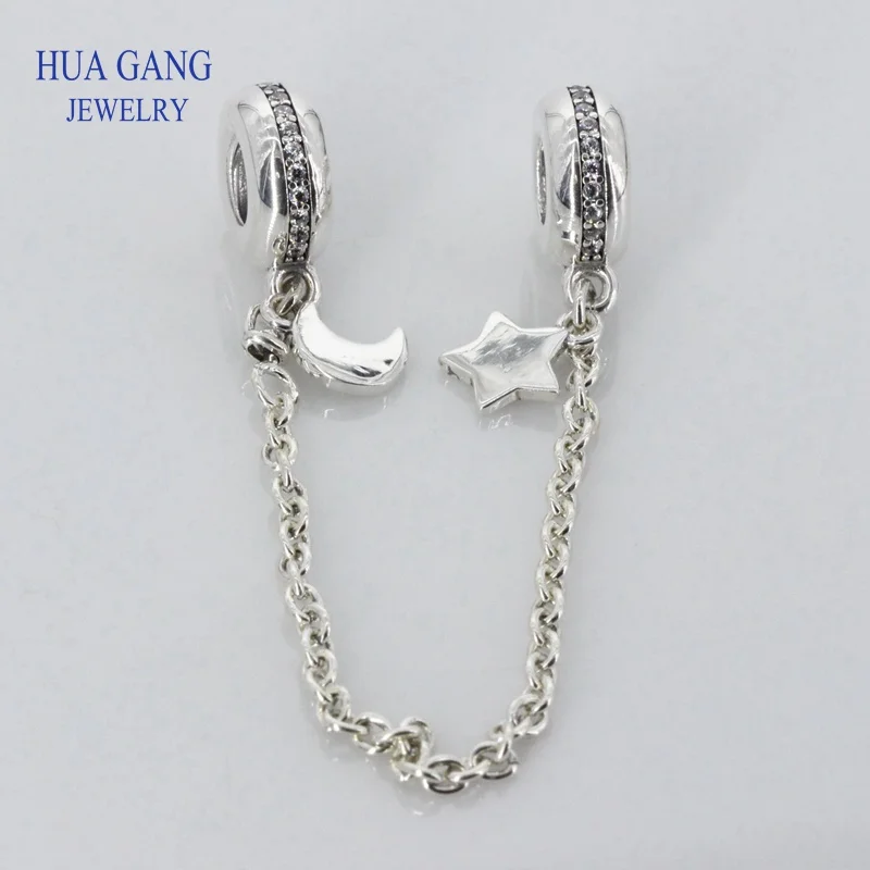 

100% 925 Sterling Silver Stars moon Chains Safety Chain Charm Beads Fits Original Brand DIY Bracelet Jewelry Making