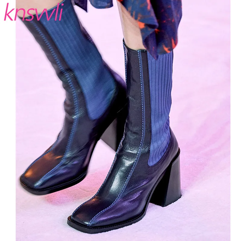 Новинка стильные кожаные носки ботильоны женские вязаные ботинки с квадратным