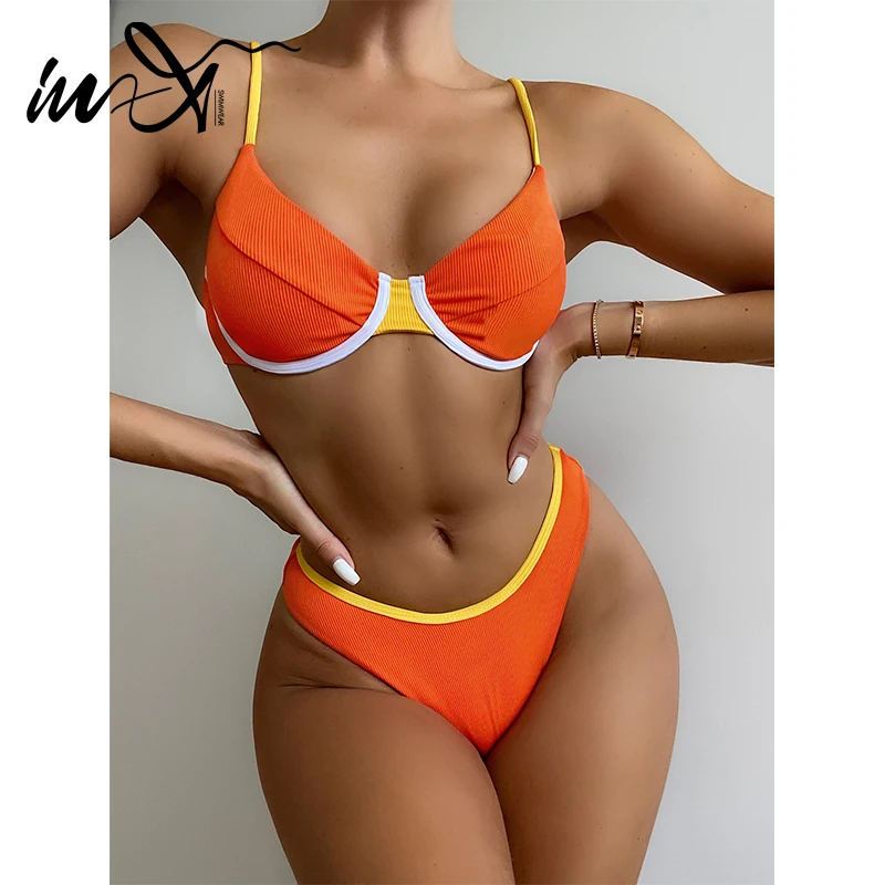 

In-X Push up bikini set Patchwork swimsuit women's swimming suit Ribbed swimwear female Sexy 2 pieces set Sports bathing suit