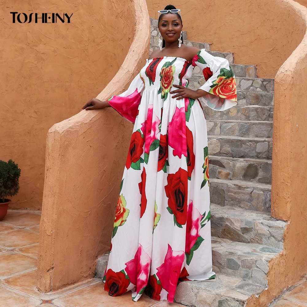 

Tosheiny Dresses Woman Summer 2021 Plus Size Dress Maxi Sexy Floral Print Off Shoulder Boho Vestidos Beach Party Elegant Curve