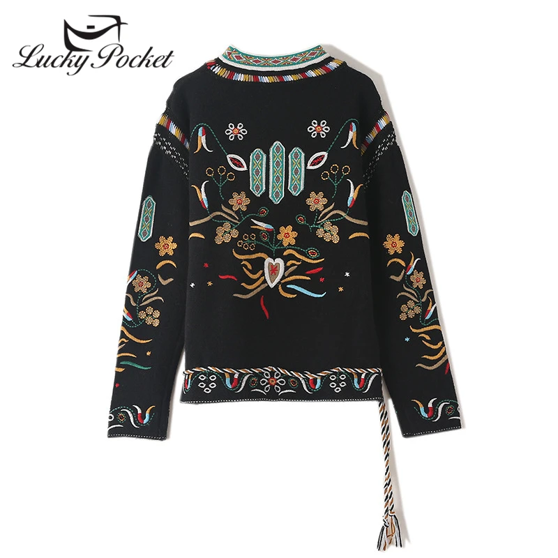 

Women Spring New Fashion Loose O-Neck Sweater Ladies Vintage Blue Casual Embroidery Drawstring Lace up knitted Top QL165