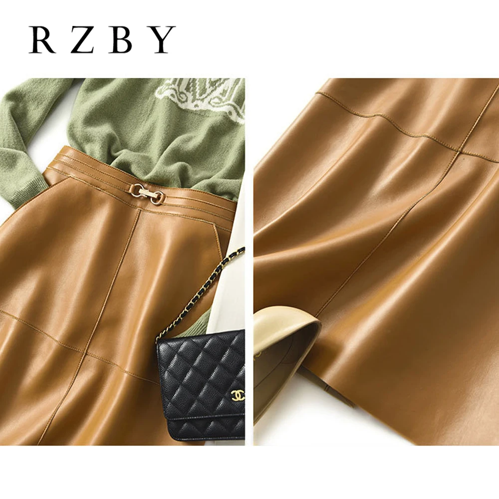 Women Genuine Leather Skirt  High Waist Real Natural Sheepskin 2020 New Elegant Office Lady Work Wear Midi A-line Falda  RZBY289