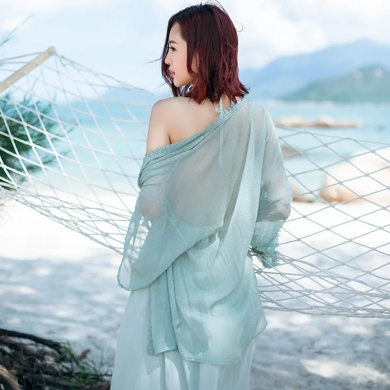 

2021 Summer Hollow Knit Chiffon Maix Dress 2 Piece Boho Beach Women Sleeveless Backless Dresses and Loose Cardigan Sets Vestidos