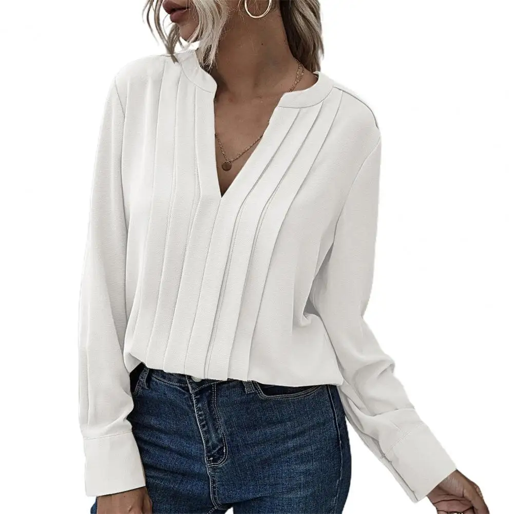 

Solid Color Pullover Female Skin-friendly Pleated Tee Shirt Long Sleeve Top V-neck Loose Pleated T-shirt Women 2021