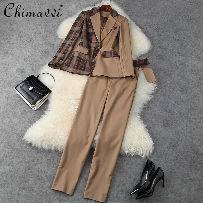 

2021 Fall Women's Clothing 2 Piece Set New Fashion Retro Plaid One Button Long Sleeve Blazer Suit Straight-Leg Pants Ol Outfit