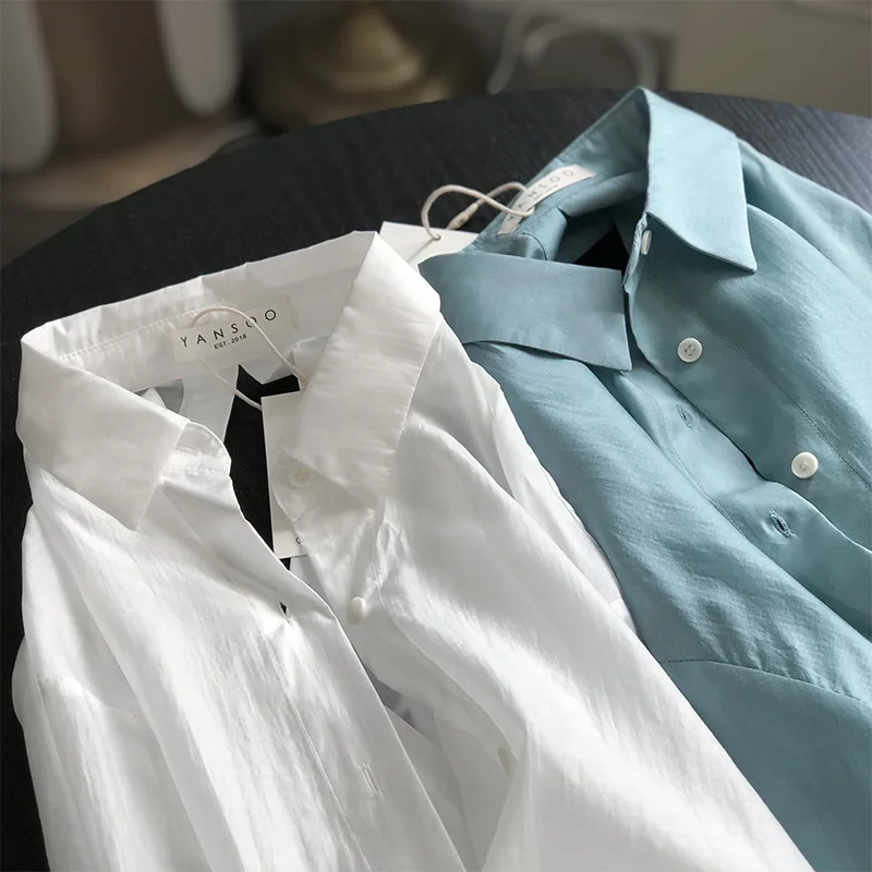 

2021 New Summer Thin Transparent Shirts Casual Hollow Backless Split Beach Style Blouses Tencel Solid Color Streetwear Tops