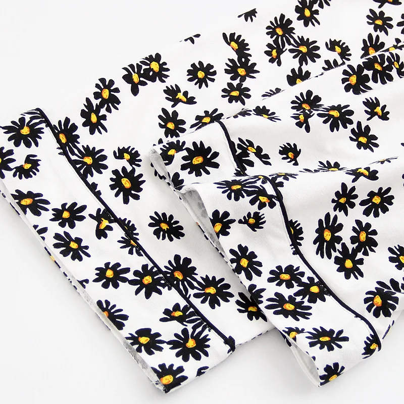 

Japanese style spring and autumn new ladies cotton knitted long-sleeved trousers daisy pajamas suit flower home service kawaii