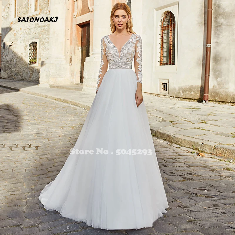 

Vestido De Novia Elegant A-Line Wedding Dress 2021 Long Sleeve V-Neck Backless Lace Floor Length Boho Bridal Gown For Women