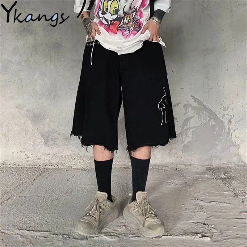 

Embroidery Korean Style High Waist Summer Women Shorts Harajuku Korean Baggy Jean Shorts Female Vintage Denim Wide Leg Shorts
