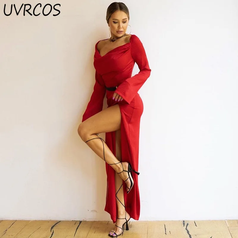 

Elegant Solid Sexy Maxi Dress Women Aesthetic Low cut CleavageSide Slit Attirewear Long Sleeve V-Neck Female Partywear 2021 New