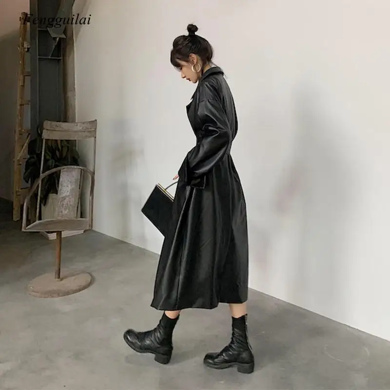 Long Oversized Leather Trench Coat for Women Long Sleeve Lapel Loose Fit Fall Black Women  Clothing Streetwear enlarge