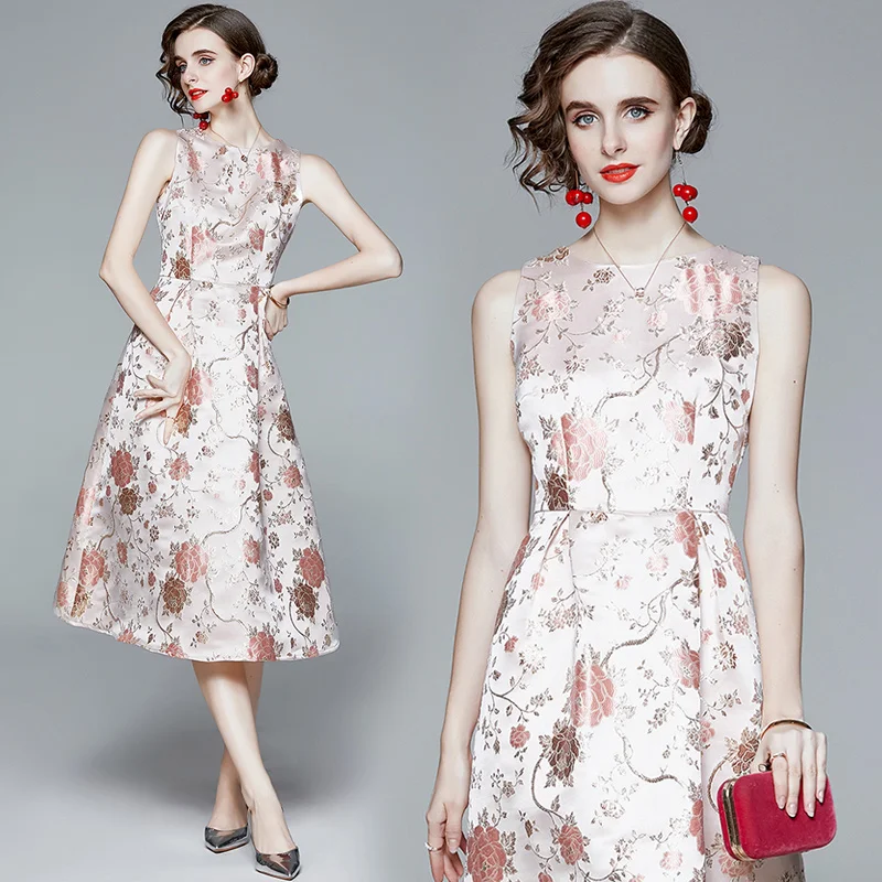 

Runway Designer Floral Print Jacquard Dress Women Elegant Sleeveless Vintage Robe Femme Aline Mid Calf Celebrity Party Vestido