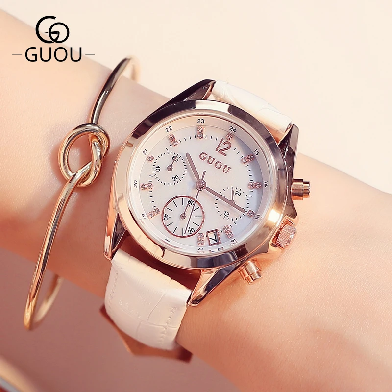 

GUOU Women Quartz Watches Leather Watchband Three-eye Fashion Ladies Wristwatches Auto Date Waterproof Gold Plated Female Clocks