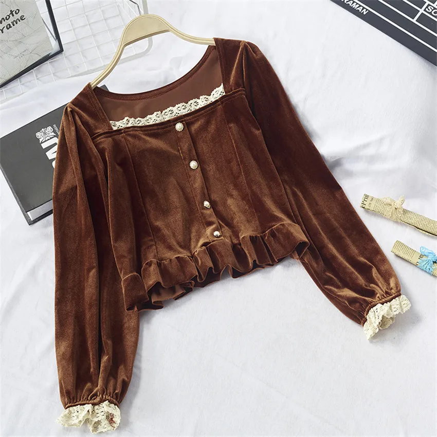 Женская винтажная бархатная футболка черная Элегантная укороченная Футболка во