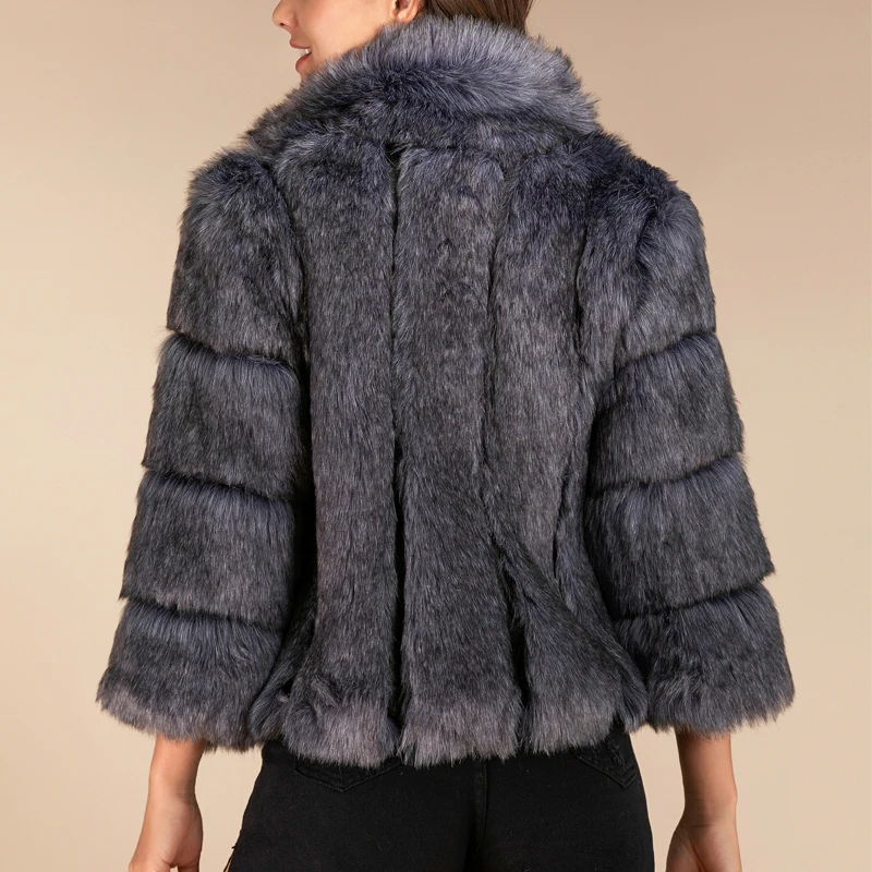 Пальто из искусственного меха с рукавом 3/4 и меховым воротником Утепленные