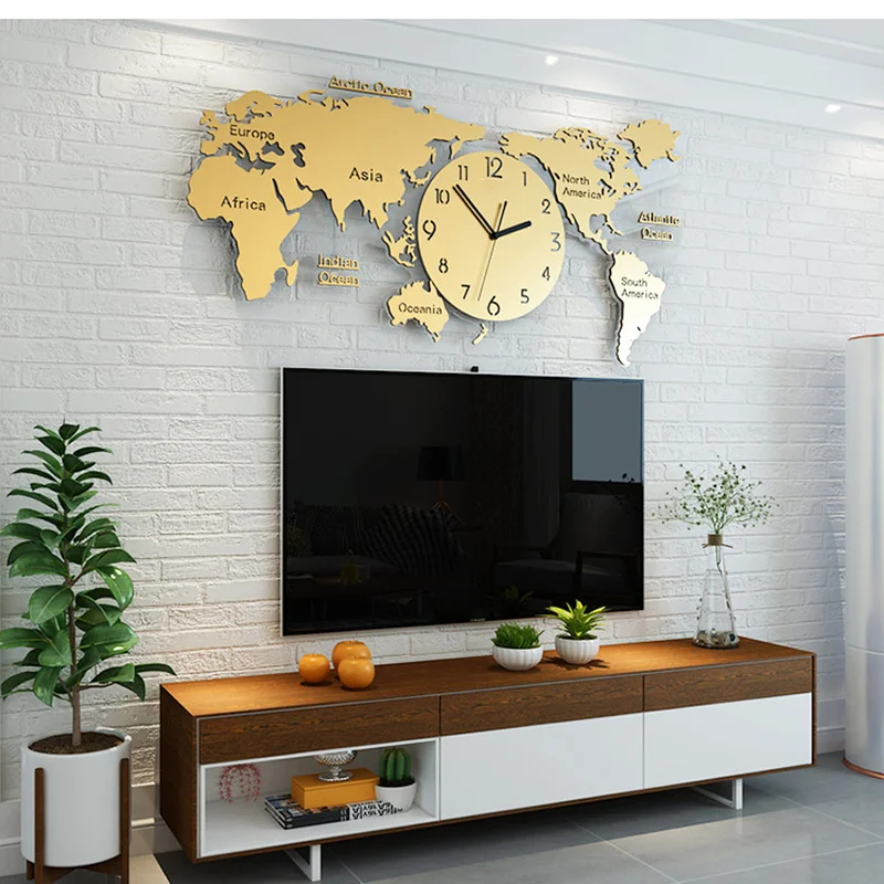 

Super Large Modern Design Clocks for Living Room World Map Wall Clock Background 3D Acrylic Stickers Wall Watch Clock Best Gift
