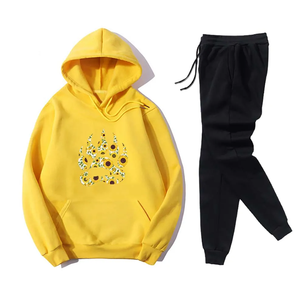 

2Pcs set Women Footprint Long Sleeve Tops Hoodie Trousers Set Tracksuit Winter Casual Loungewear Clothes Set